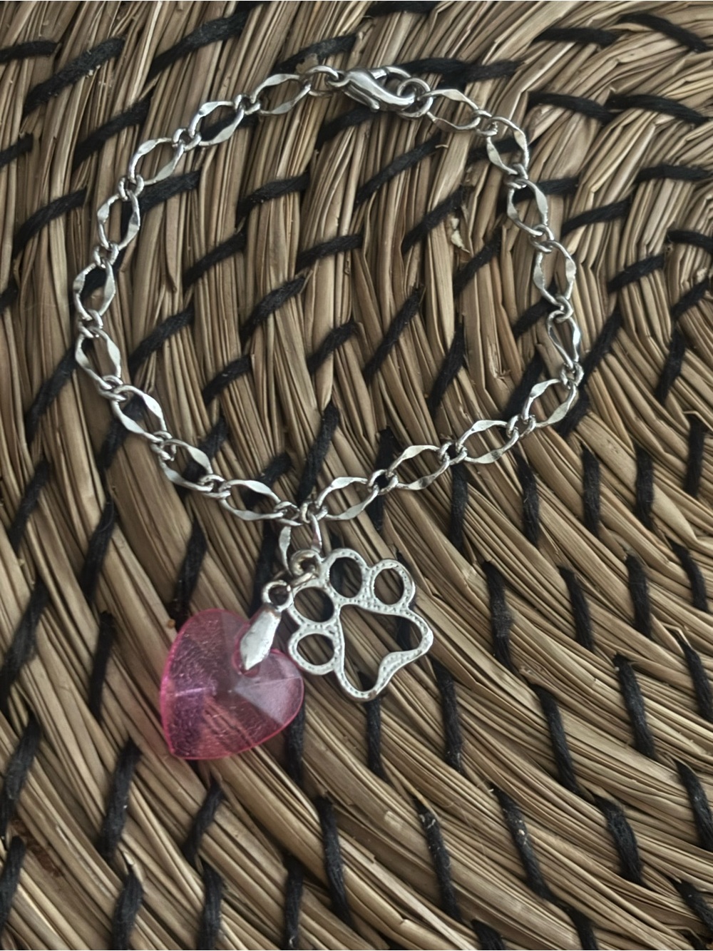 Silver Paw Charm Bracelet with Pink Heart Pendant